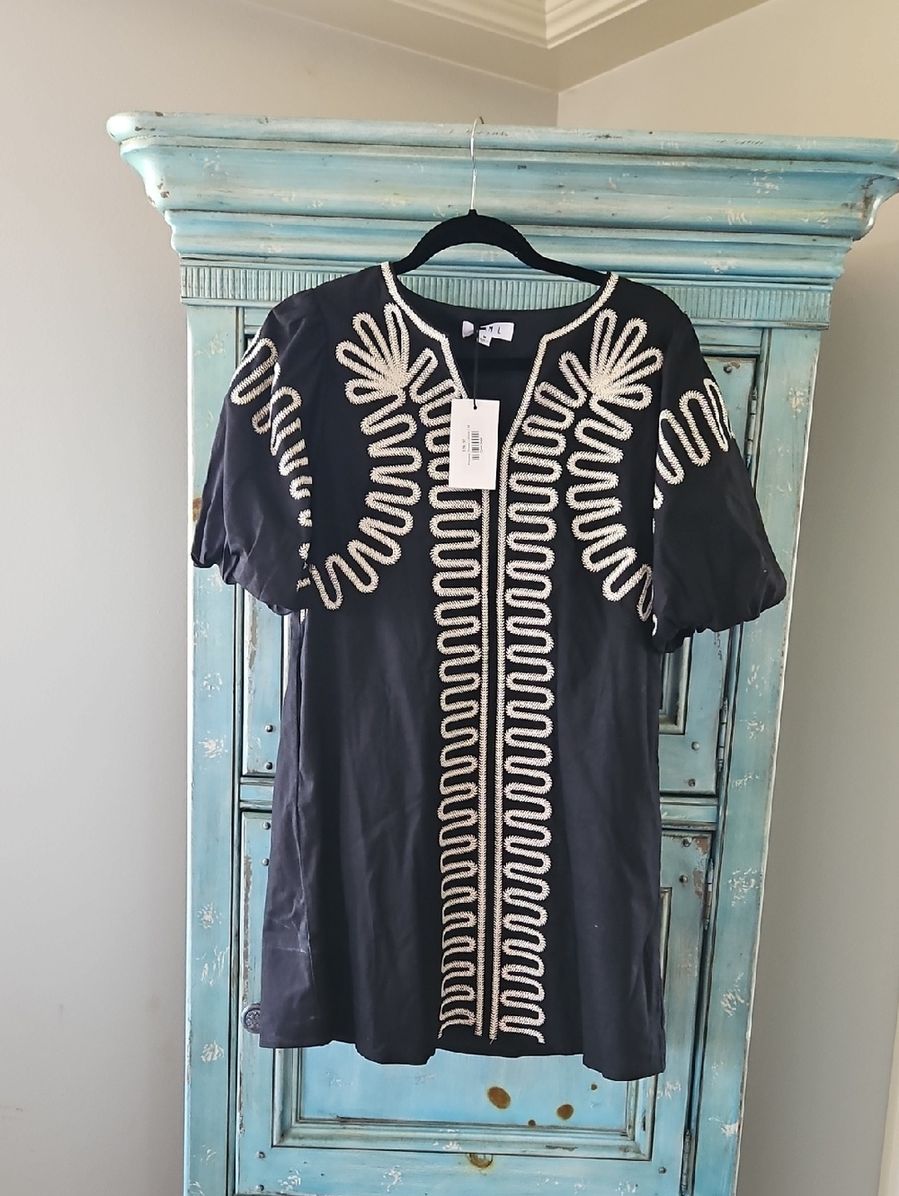 NWT THML Black Embroidered Short Dress with Cream Trim